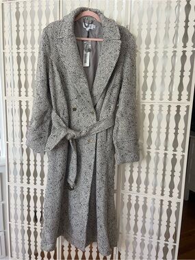 Wool-Blend NWT Brass  Long Jacket / Over Coat, Belt, Natural Multi Herringbone